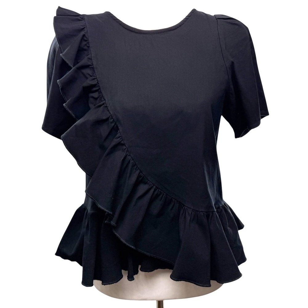 Sea New York Structured Cross Over Ruffle Top‎ Women's Size 8 Peplum Black